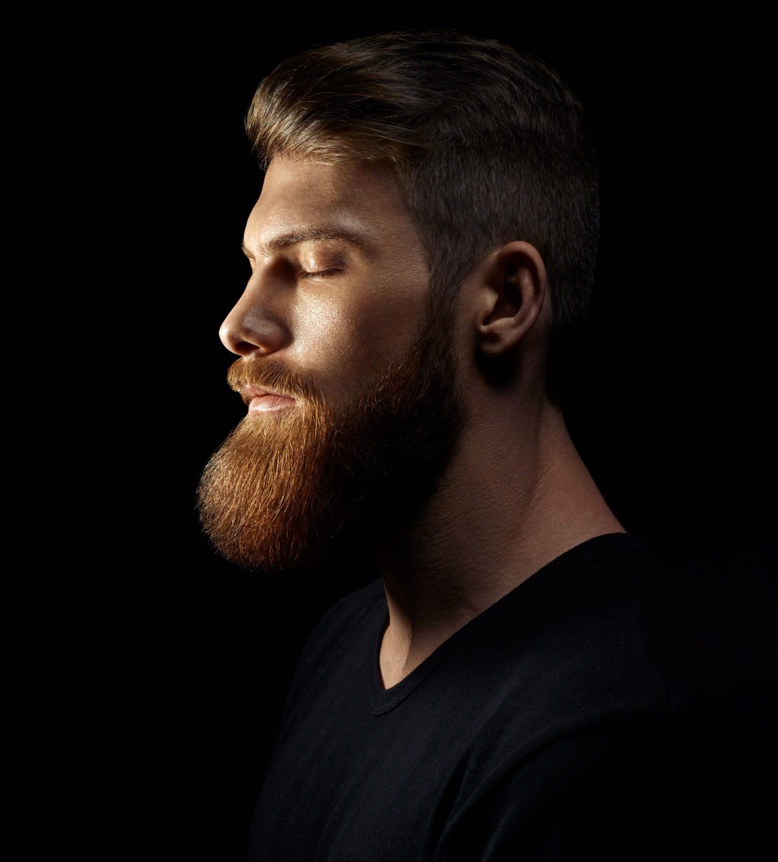 All black background captures well groomed man with beard with eyes closed, calm